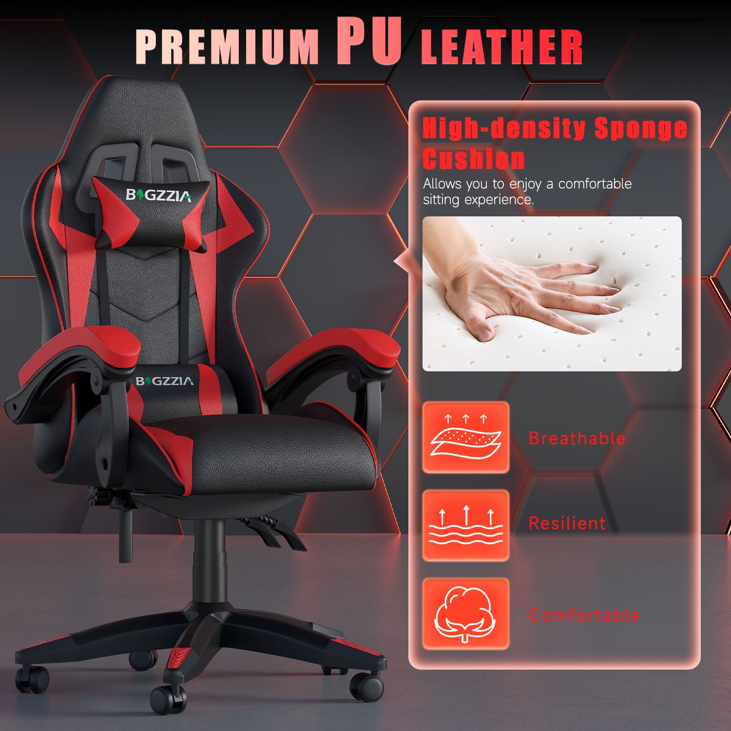 Bigzzia Gaming Chair, Computer with Lumbar Support Height Adjustable with 360-Swivel Seat and Headrest for Office or Gaming (Red)