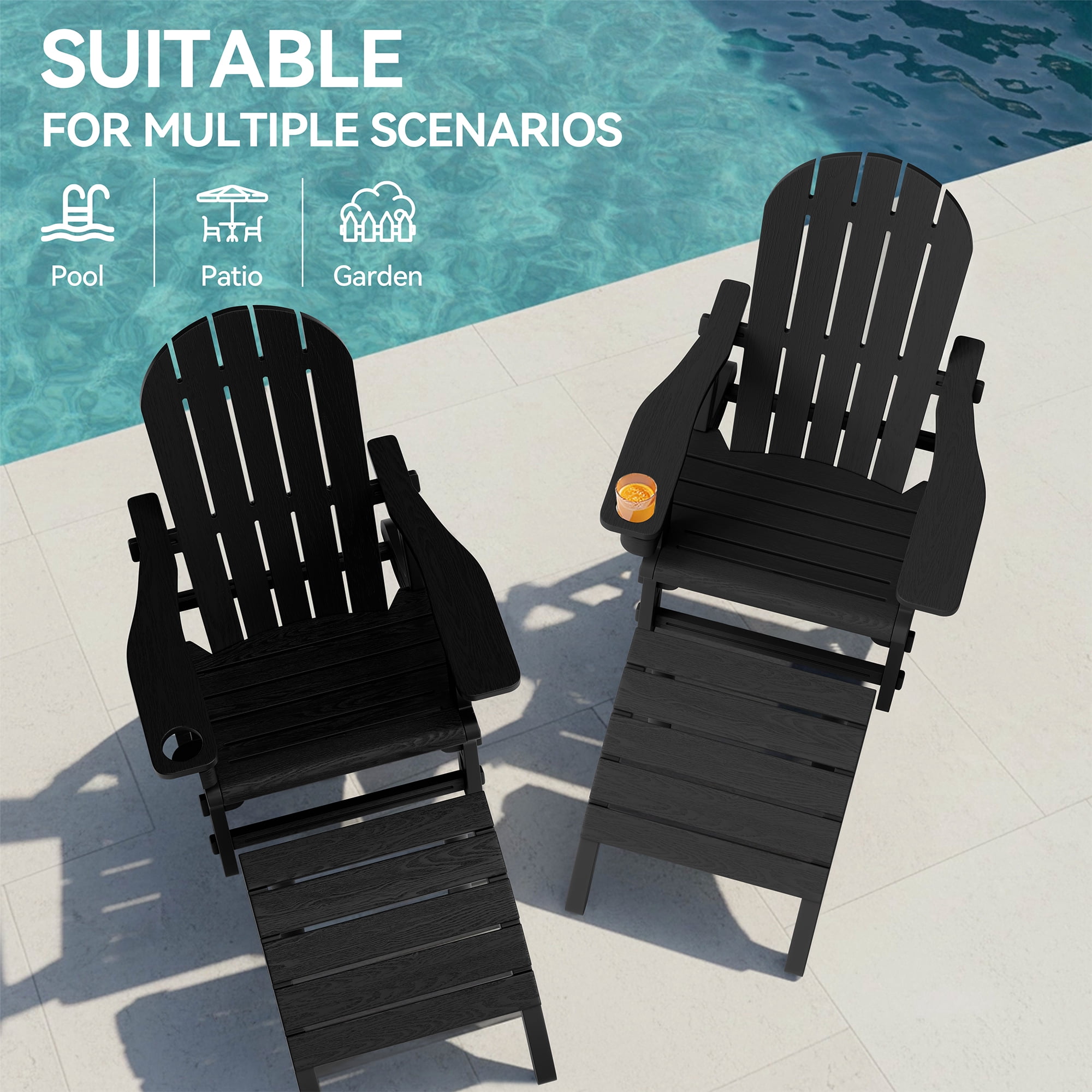Walsunny Adirondack Chairs Set of 2 HDPE Outdoor Chair Set with Connecting Tray Cup Holder Removable Tabletop Pull-Out Footrest,All-Weather HDPE Outdoor Chair Set,Black