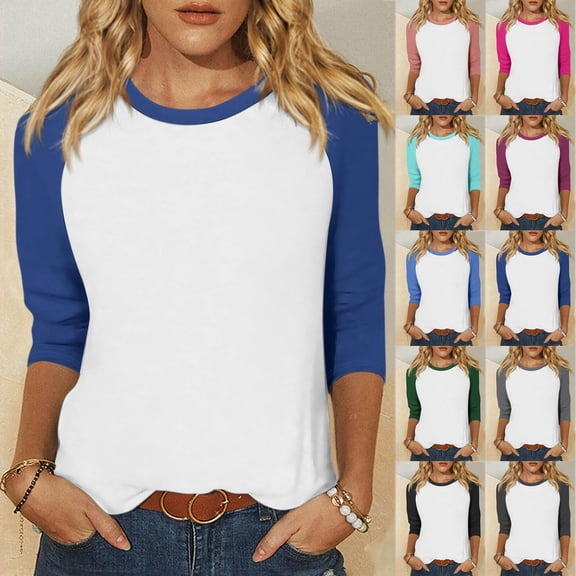 Trendfront Womens Summer Crew Neck 3/4 Sleeve T-Shirts Color Block Raglan Sleeve Tees Baseball Style Sporty Apparel Wear Tops