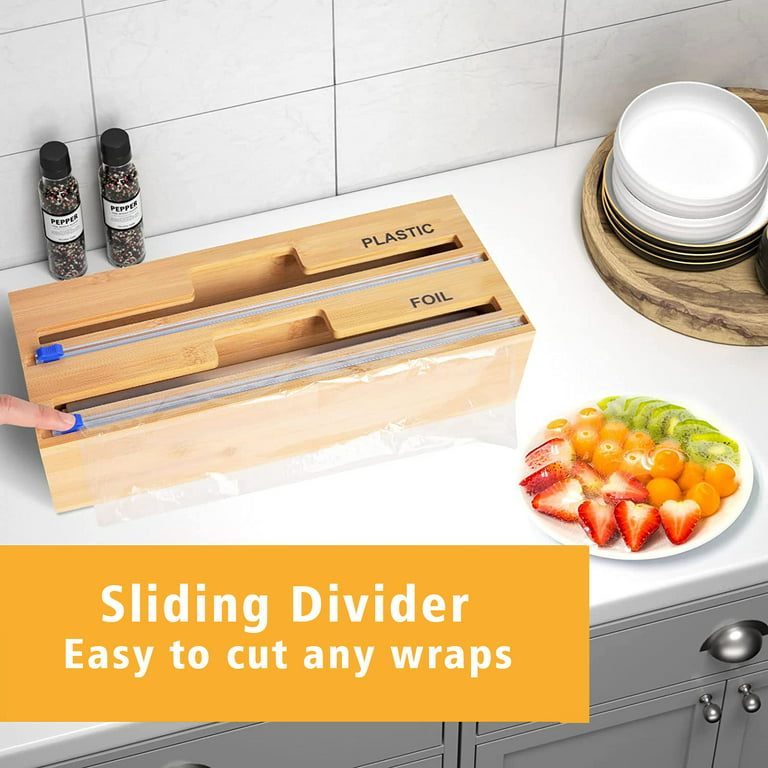 Libreshine Long Foil and Plastic Wrap Organizer with Cutter, Holder for 15  Inch Parchment Paper Roll, Bamboo Wall Mount Kitchen Wrap Dispenser