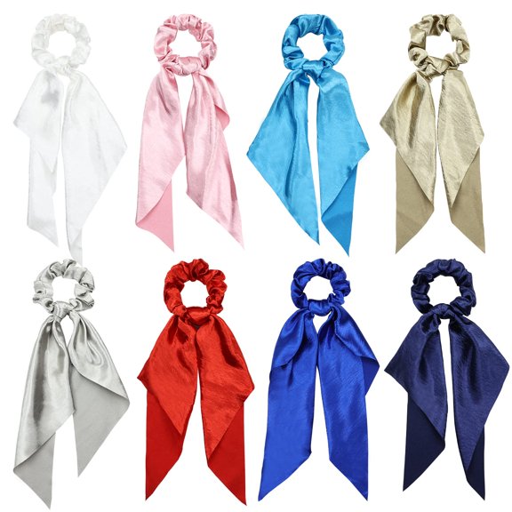 8 Pack Colorful Solid Satin Long Ribbon Knotted Hair Bows Scrunchies Hair Ties Ponytail Holder Headbands Elastics Rubber Hairbands Bubbles Rings Accessories for Women
