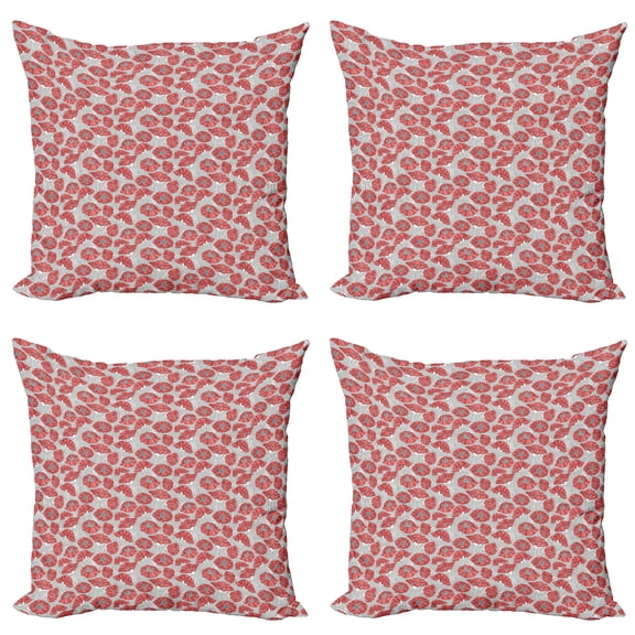 Ambesonne Floral Throw Pillow Cover 4 Pack, Poppy Petals Polka Dots, 20", Dark Coral Grey White