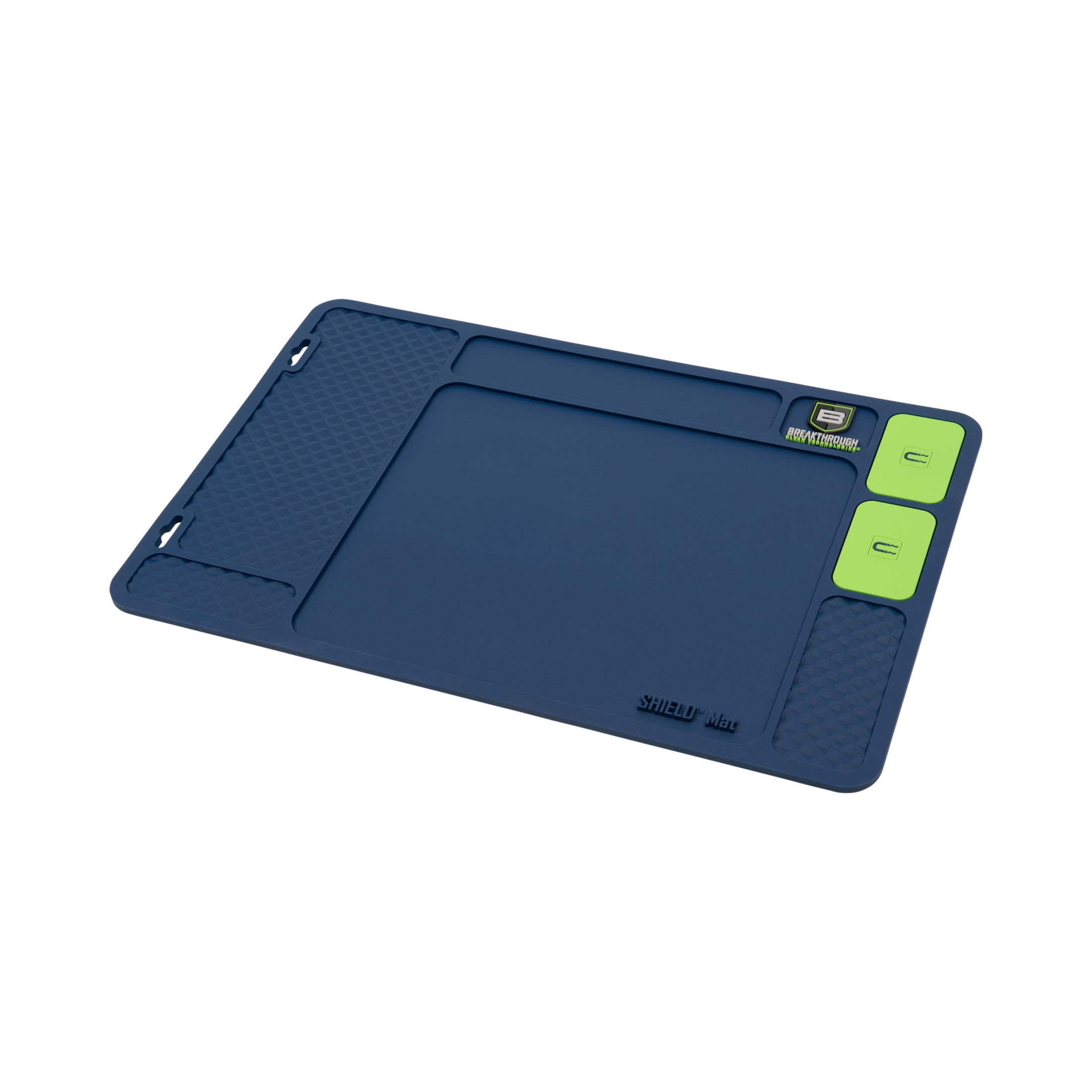 Breakthrough Clean Technologies Shield Series Fishing Reel Cleaning Mat  - Embedded Magnets & Tool Compartments + Heavy-Duty Pvc – Universal Size Maintenance Pad - Blue/Green