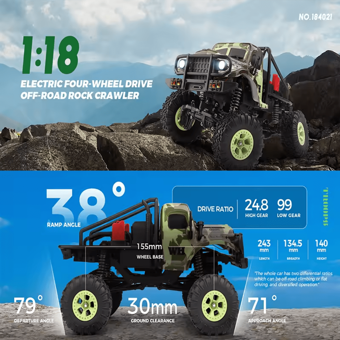 1/18 RC Rock Crawler, 2.4G 4WD RC Off-Road Climbing Truck with LED Lights & High Torque 130 Brushed Motor, All-Terrain Climbing Car for Adults - RTR