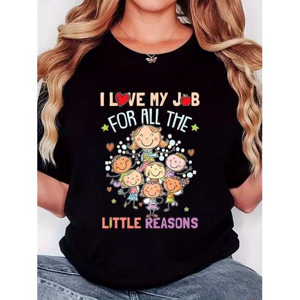 Women's T-shirt, "Seven Youngsters Colorful Reasons" Print, Retro Minimalist Fashion, Round Neck, Casual Comfort, Sports Short Sleeve T-shirt