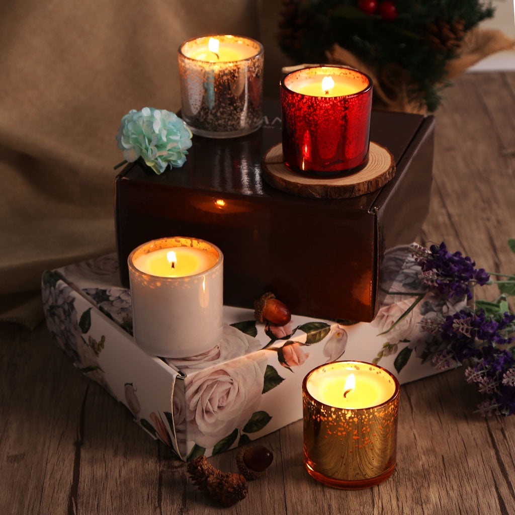 LANGRIA Set of 4 Scented Candles in Glass Made of Organic 100% Soy Wax with 2.4 inches Diameter and Burning Time 25-30 Hours, for Aromatherapy - Lotus/Rose/Lilac/Ocean Fragrances Gift Set