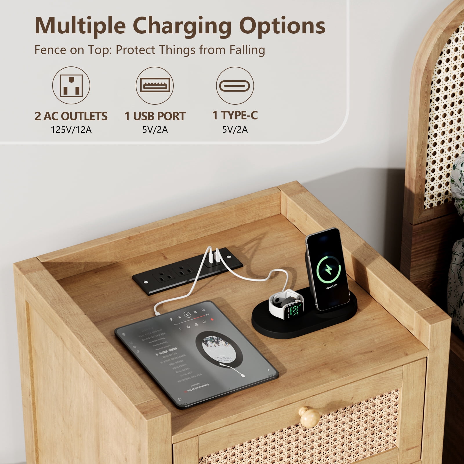 LGHM Nightstand Set of 2 with Charging Station, Farmhouse Bedside Tables Night Stands with Drawer, Boho Side Tables for Bedroom, Living Room, Oak