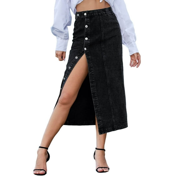 Fgnfyis Women's Clothing European Style Button Front Irregular Slit Denim High Waist Long Skirt Casual Showing Figure Design Black L