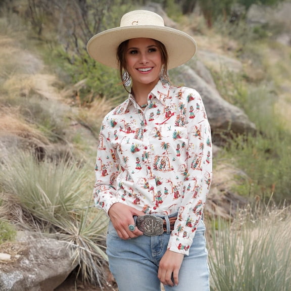Cinch Women's Long Sleeve Printed Western Snap Shirt- White-M