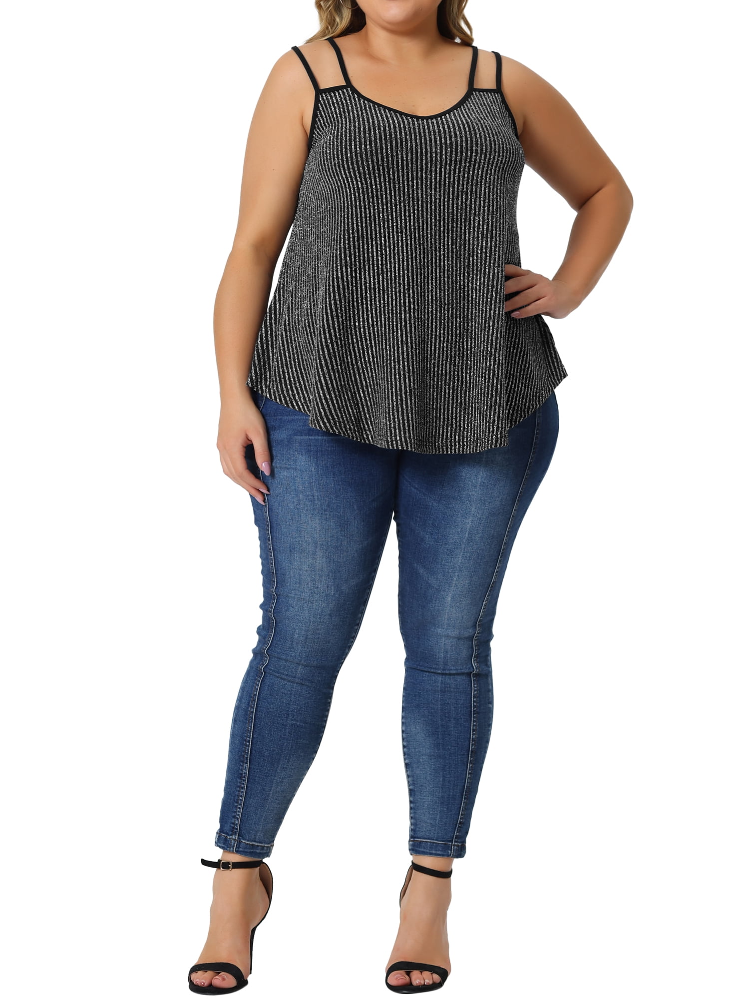 Unique Bargains Women's Plus Size Sparkle Silvery Sleeveless Spaghetti Strap Tank Tops 1X Silver