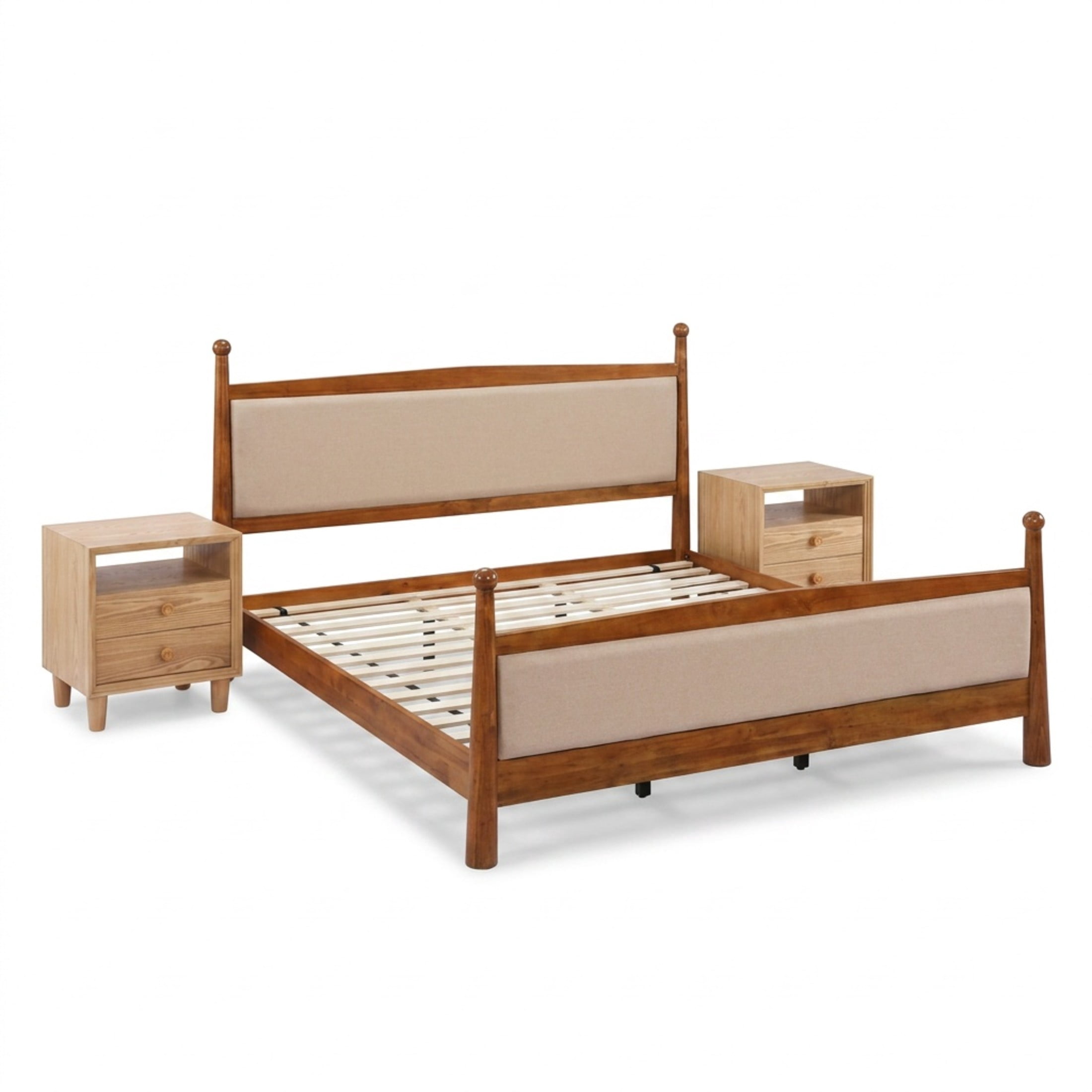 Christopher Knight Home King Bedroom Furniture Set with Upholstered Bed and 2 Nightstands, Cherry+Natural