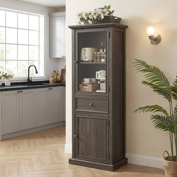Eyisean 65" H Elegant Freestanding Pantry Cabinet, Modern Tall & Narrow Bookcase with Tempered Glass Door & Drawer, Rack for Living Room, Office