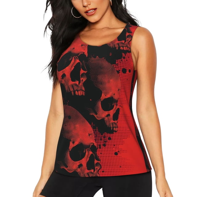 Fotbe Red And Black Abstract Skull Blusas Sin Mangas para Mujer – Estilo Casual, Corte Suelto, Slim-Fit, Cuello Redondo Deportivo, Tops de Verano para Gimnasio y Yoga-XX-Large