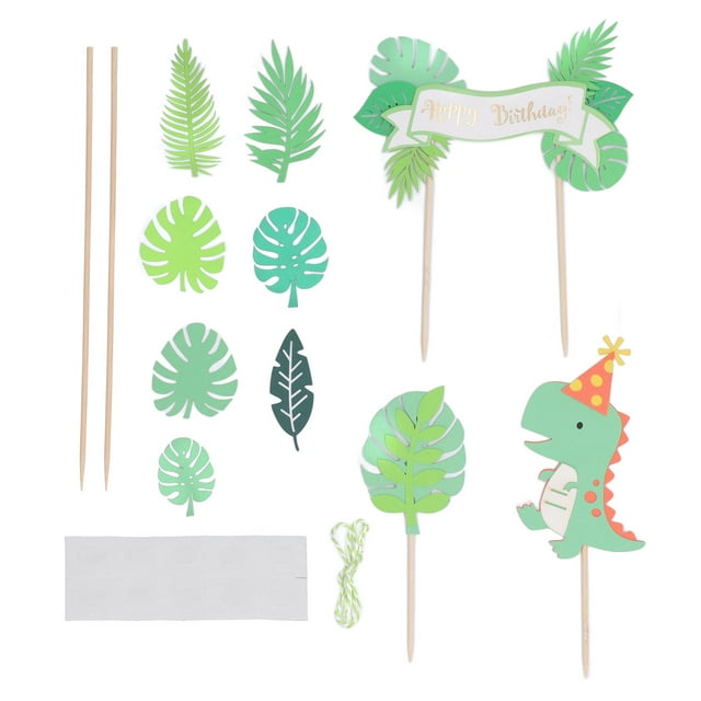 Juego de 4 adornos para tarta de dinosaurio, hoja de palma de dinosaurio verde, tarjeta inglesa de feliz cumpleaños, decoraciones para tarta de dinosaurio, decoración para fiesta