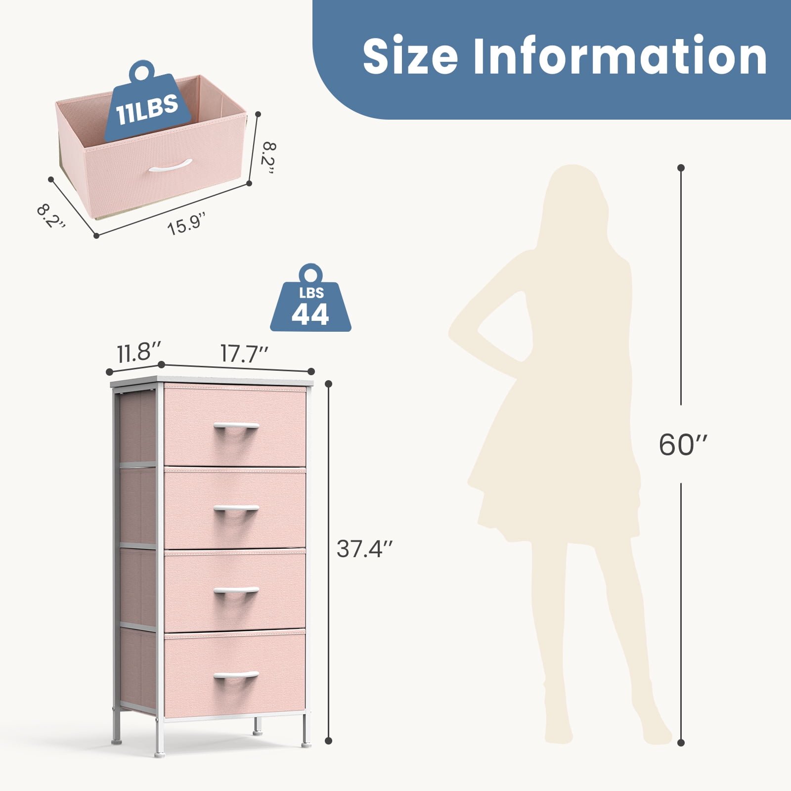 SWEETCRISPY Fabric Dresser With 4 Drawers, Storage Chest For Bedroom, Closet, Living Room, Hallway - Available In Pink