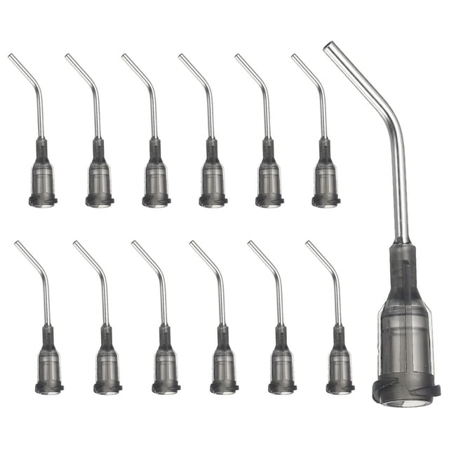 Agujas de dispensación anguladas Uxcell 16Ga, 25Pcs 1Pulgada Punta roma curva de 45° con bloqueo Luer para rellenar tintas líquidas, adhesivos, aceites, gris