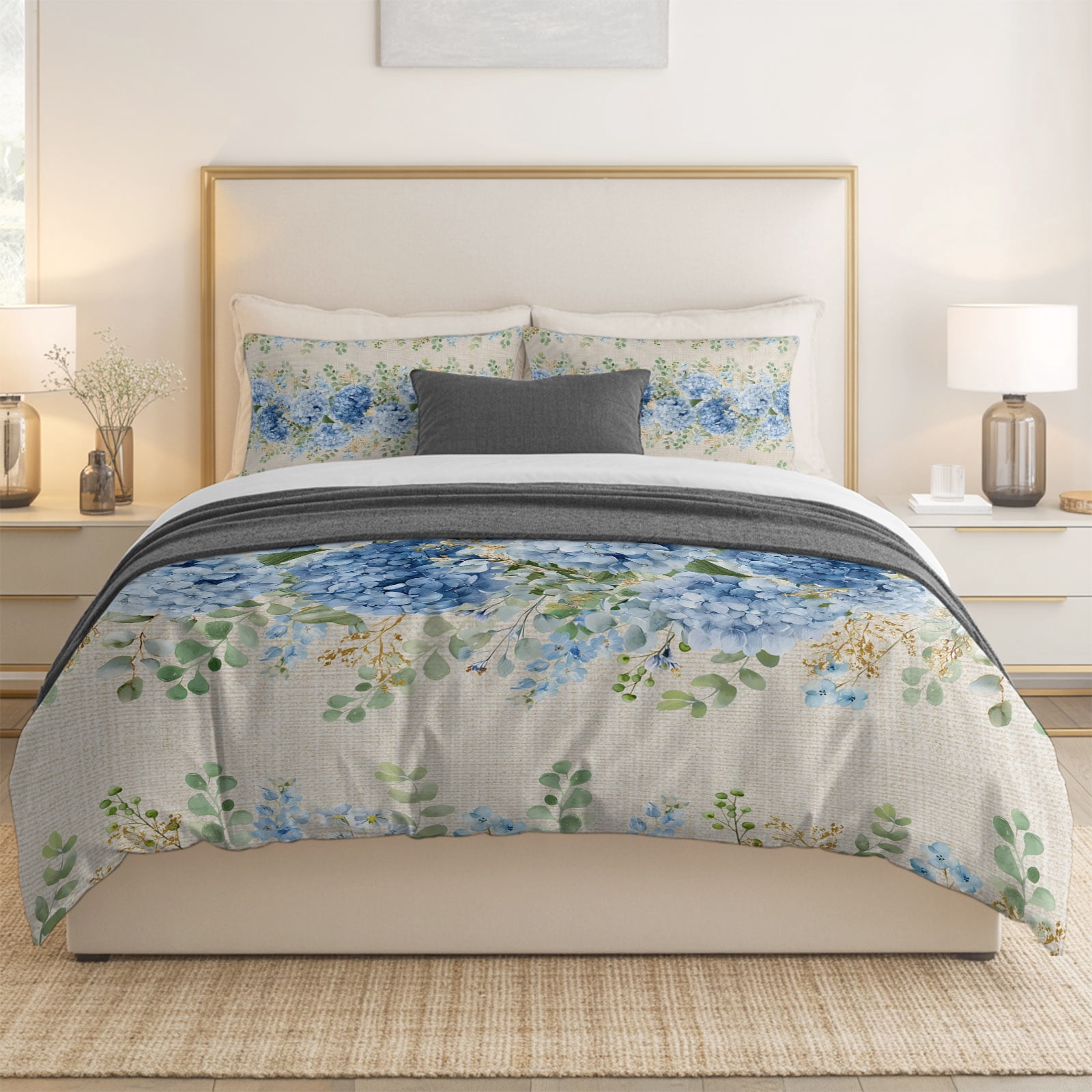 Blue Hydrangea Farm Eucalyptus Queen Size Bed Set,Vintage Linen