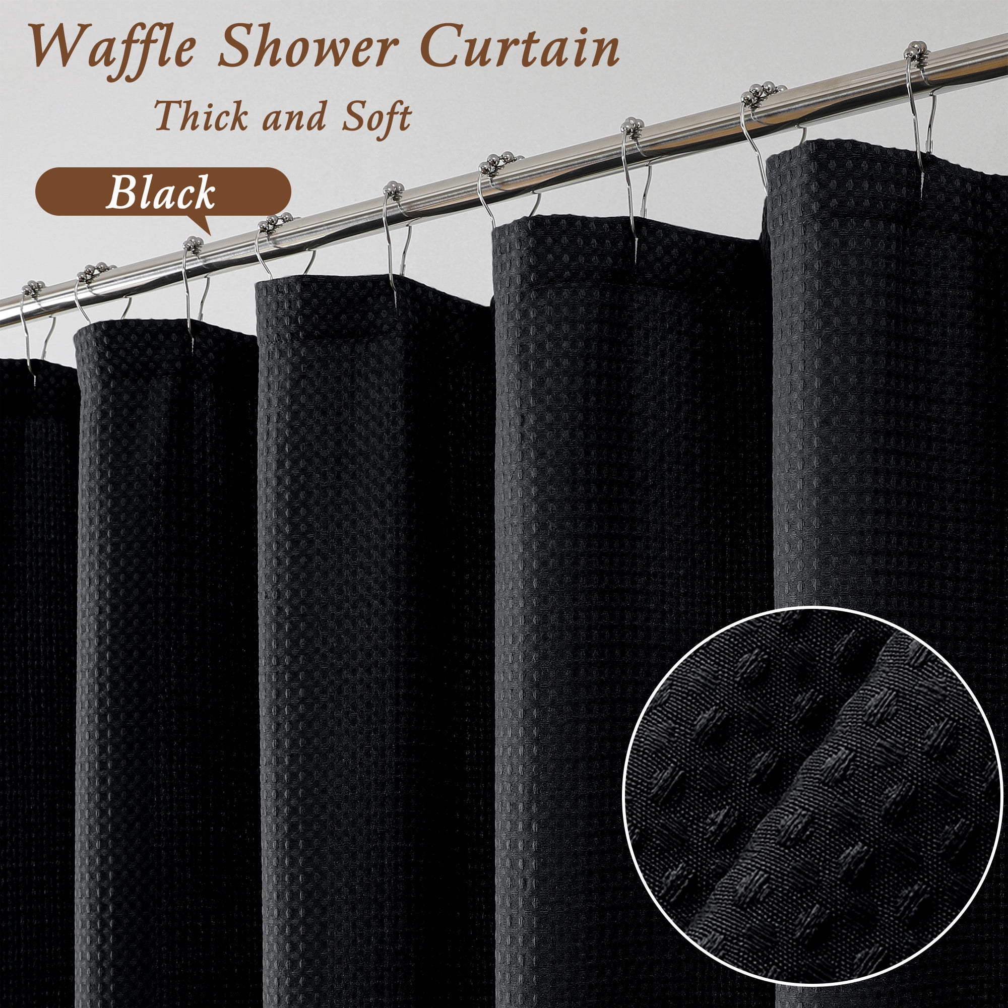 OVZME Black Extra Long Waffle Textured Cloth Shower Curtain - 96 Inch Long Hotel Luxury Heavy Duty Soft Fabric Shower Curtains for Bathroom, 72"Wx96"H, Black