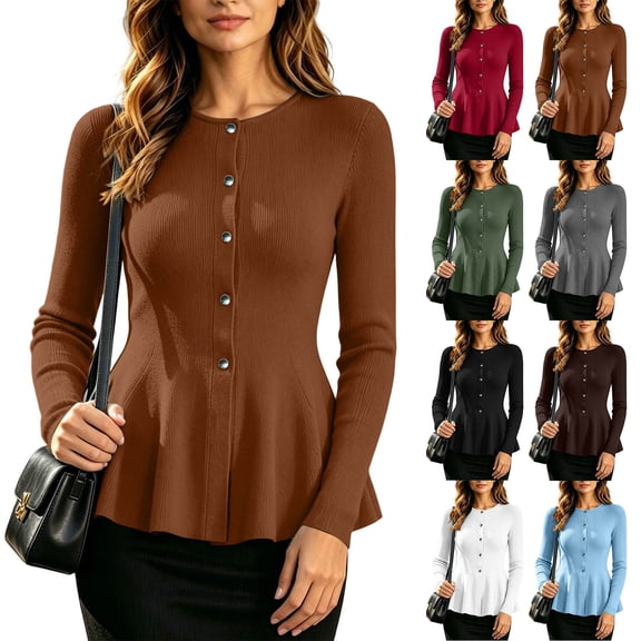 Women's Button Down Cardigan Round Neck Long Sleeve Ribbed Knit Slim Fit Peplum A-Line Casual Elegant Soft Cozy Sweater Fall Winter Tops White