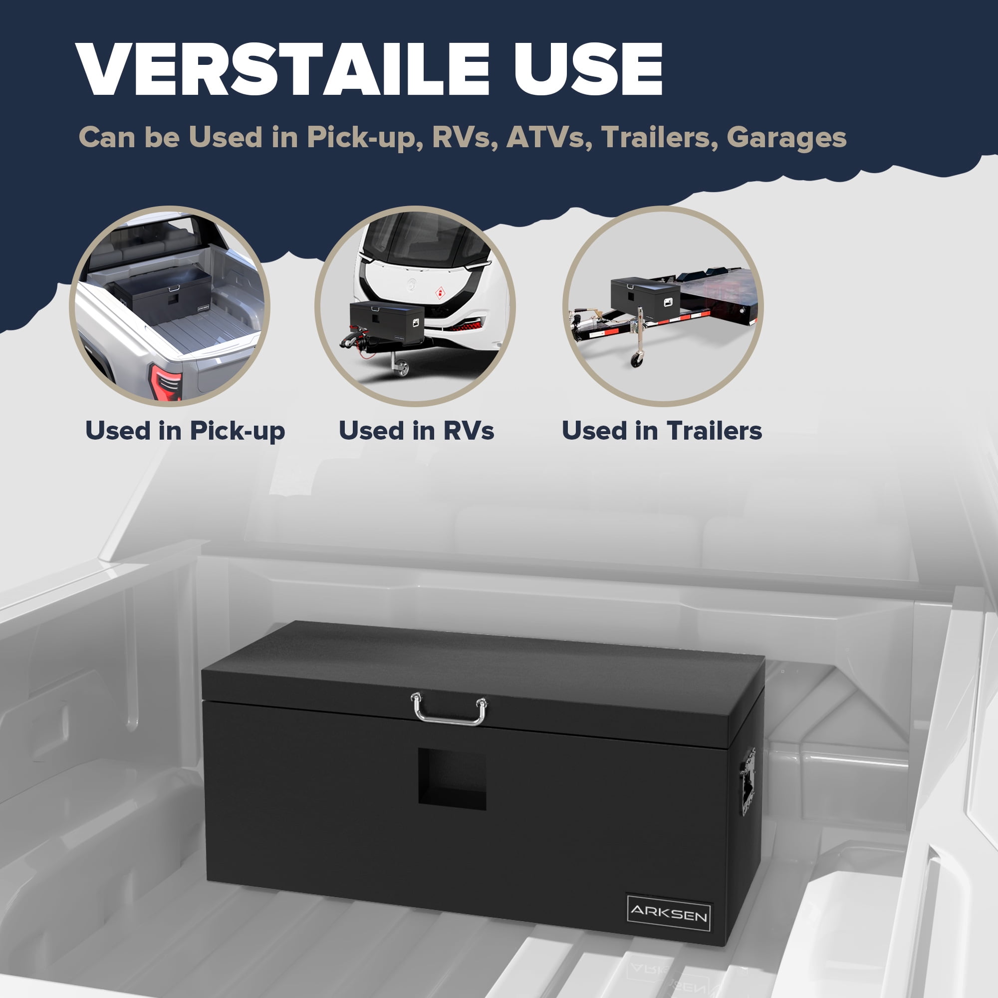 ARKSEN 36 x 15 x 15 Inch Steel Truck Bed Tool Box, Heavy Duty Weather-Resistant Utility Storage Chest for Pickup Trucks, Trailers & RVs, Black