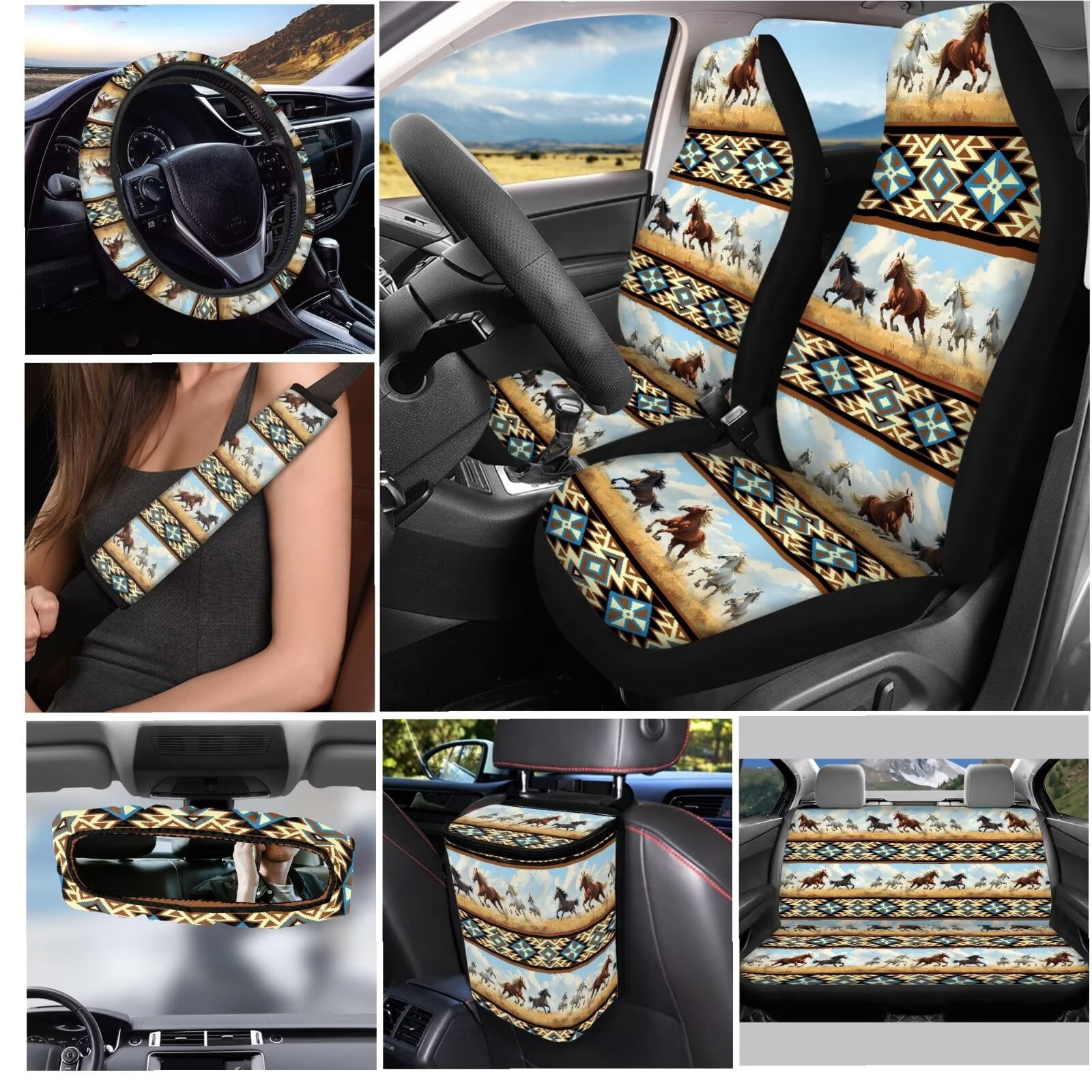 JOAIFO Boho Car Seat Cover Full Set for Women, Universal Car Seat Cover, Horse Steering Wheel Cover, Aztec Car Decor, Rear View Mirror Accessories