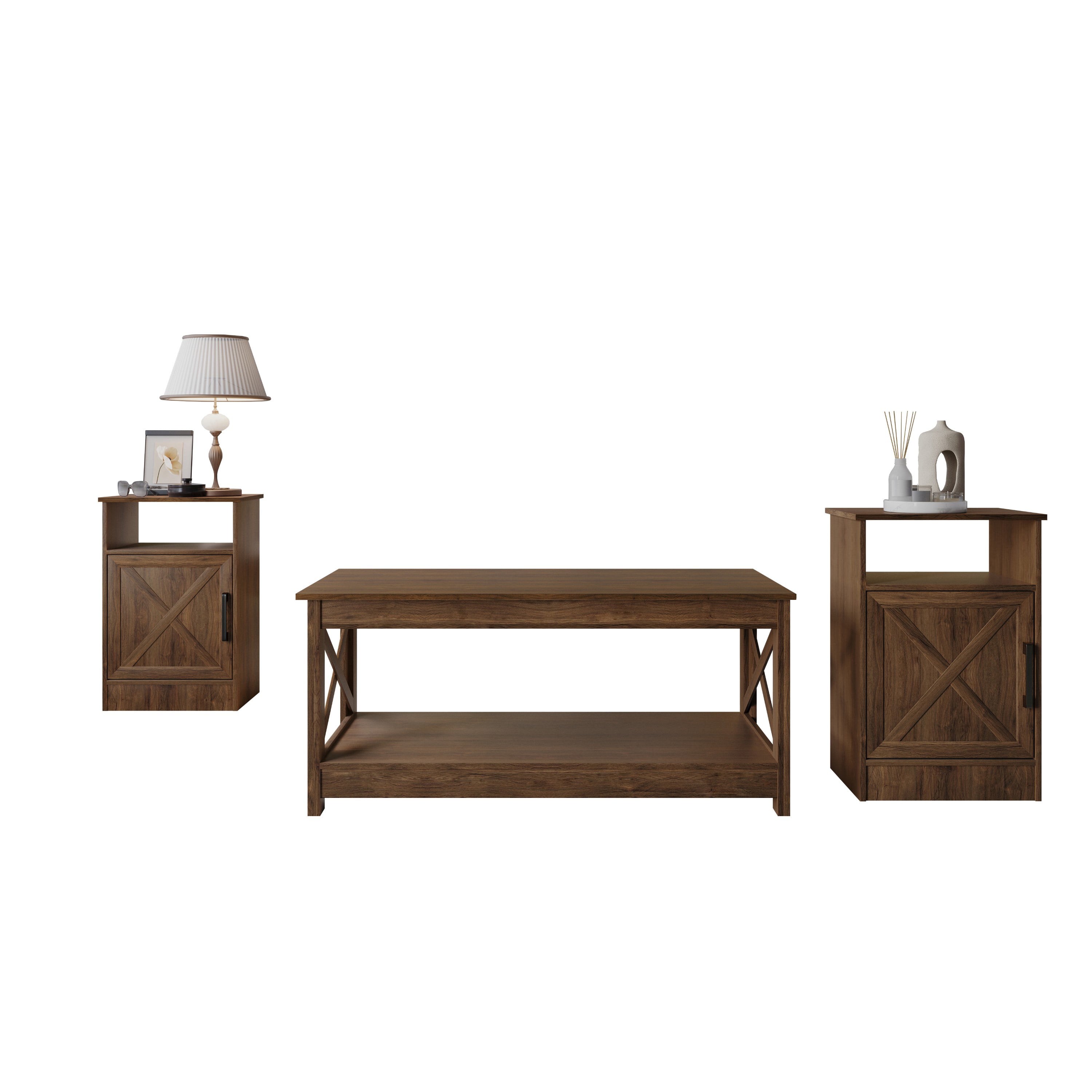 Home Design Lebanon 3 Piece Coffee Table Set - Includes coffee table and 2 end tables, With Soft-Close Doors, Brown, Easy Assembly