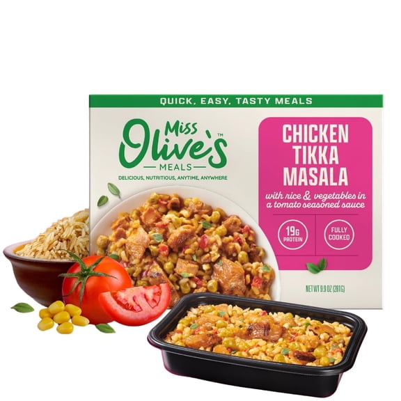 Miss Olive’s Chicken Tikka Masala & Rice Meal, 6 Pack (6/9.9 oz Trays) – Heat & Serve Microwave Meals – K12 Compliant, Nutritious Ready-to-Eat Entrées