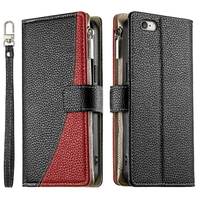 Funda cartera GANGXUN para iPhone 7/8 , cuero PU con tarjetero, cremallera, correa de mano, soporte y protección 409°