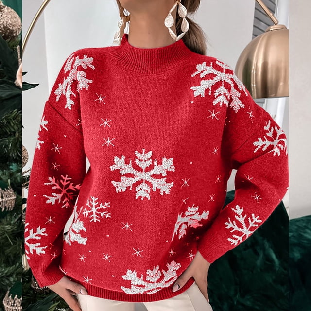 EGNMCR Pull à Col Rond pour Femmes, Pull pour Femmes Col Rond Ample Tempérament Manches Longues Haut Tricoté de Noël Women Sweater