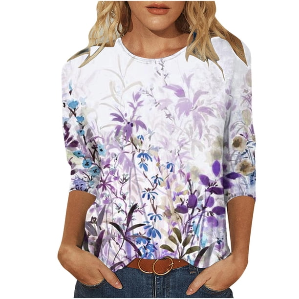 Camisetas de Manga Corta para las Mujeres Retro Cuello Redondo Pascua Impreso Suelto Top, Ligero Poliéster 3/4 Camiseta de Manga para el Desgaste Casual, Diario Y de Primavera