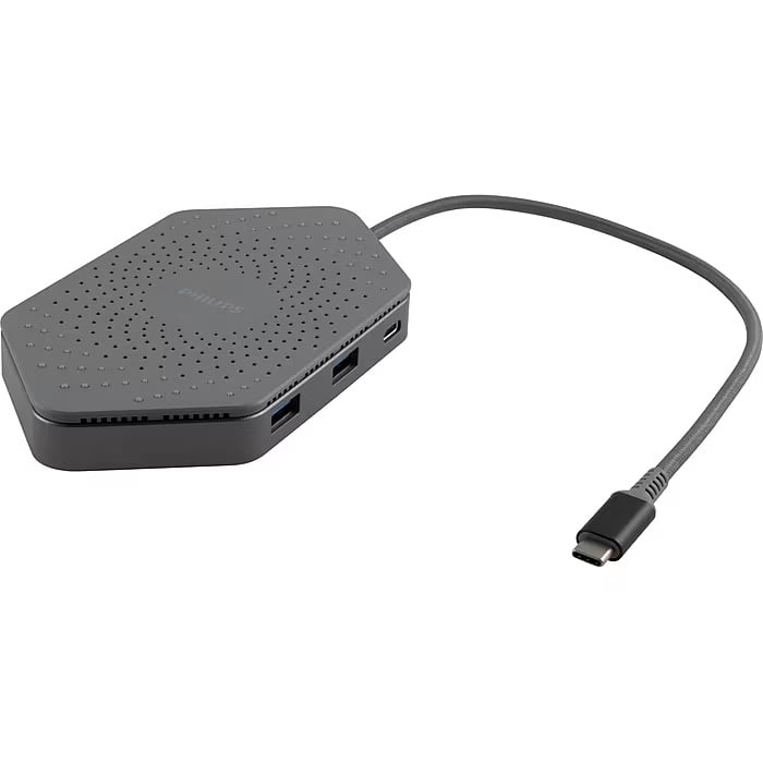 Restored Philips Elite USB-C Travel Docking Station with Qi Wireless Charging, Silver, DLK9121C/27 (Refurbished)