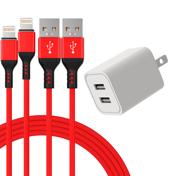 Chargers 12W USB Power Adapter Wall Charger 2.4A 2-Port Fast Charge Plug with 2 Pack 6FT 2M Nylon Braided Charging Cable Cord Compatible for Phone 8 / X / 7 / 6S / 5 / SE Plus   Tablet