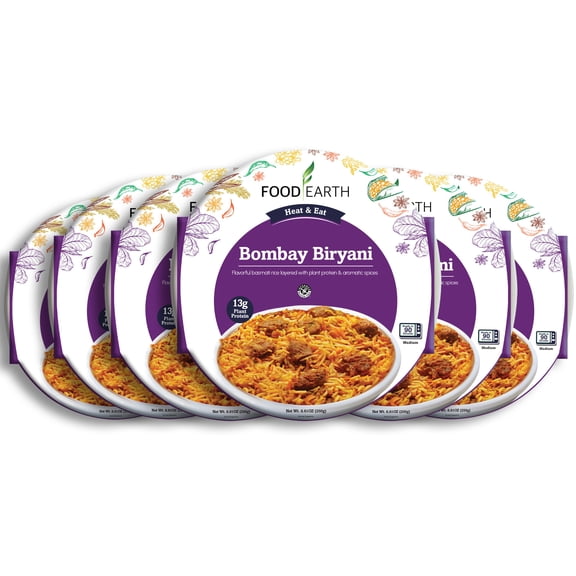Food Earth - Bombay Biryani Ready to Eat Indian Meal , Gluten-Free, Heat & Serve,8.81 oz, 6 units Shelf Stable
