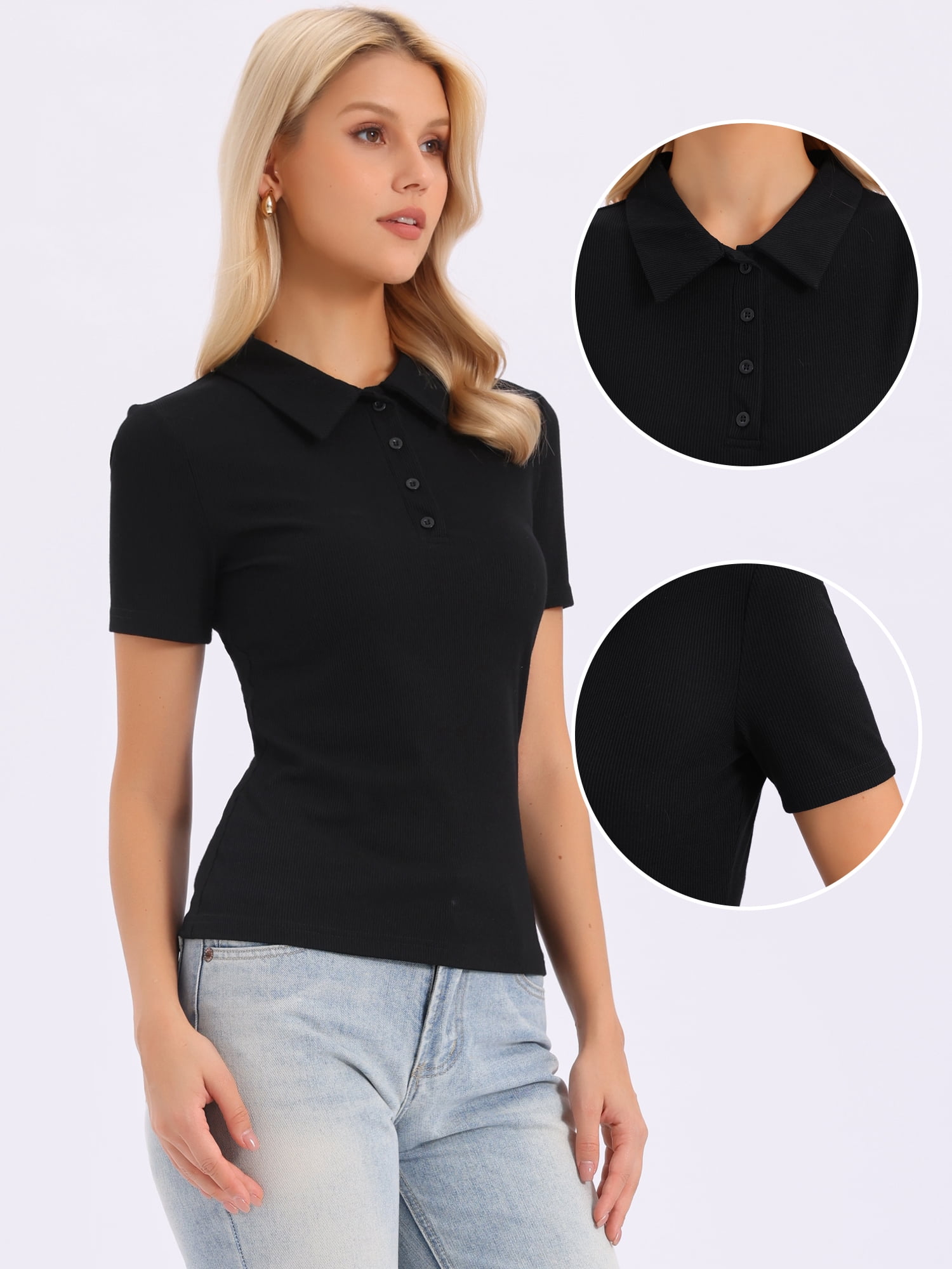DARING DIVA Women's Short Sleeve Polo Shirts Collared V Neck Button Up Tops XS Black