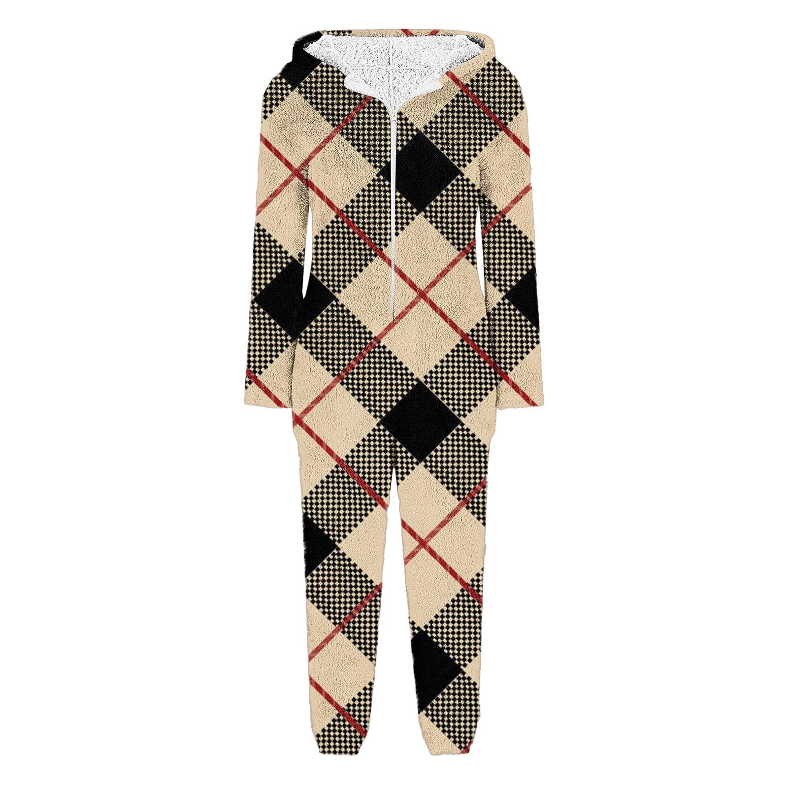 Adult Onesie Pajamas Plus Size New Women Print Long Sleeve Hooded Jumpsuit Pajamas Casual Winter Warm Romper Sleepwear Style B-31 Khaki S
