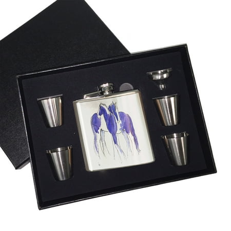 

KuzmarK 6 oz. Stainless Steel Flask Set in Black Presentation Box - Piebald Gypsy Cobs in Purple and Blue Abstract Horse Art by Denise Every