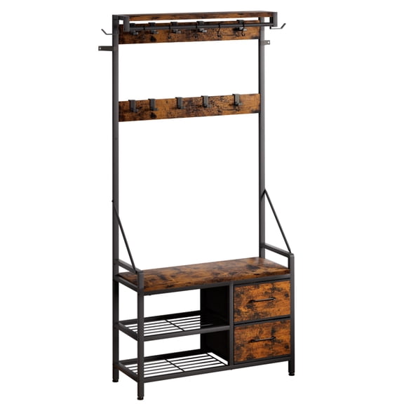 Enogets 4-in-1 Hall Tree with Bench, Coat Rack with 17 Hooks, Shoe Shelf and Fabric Drawers, Rustic Entryway Storage
