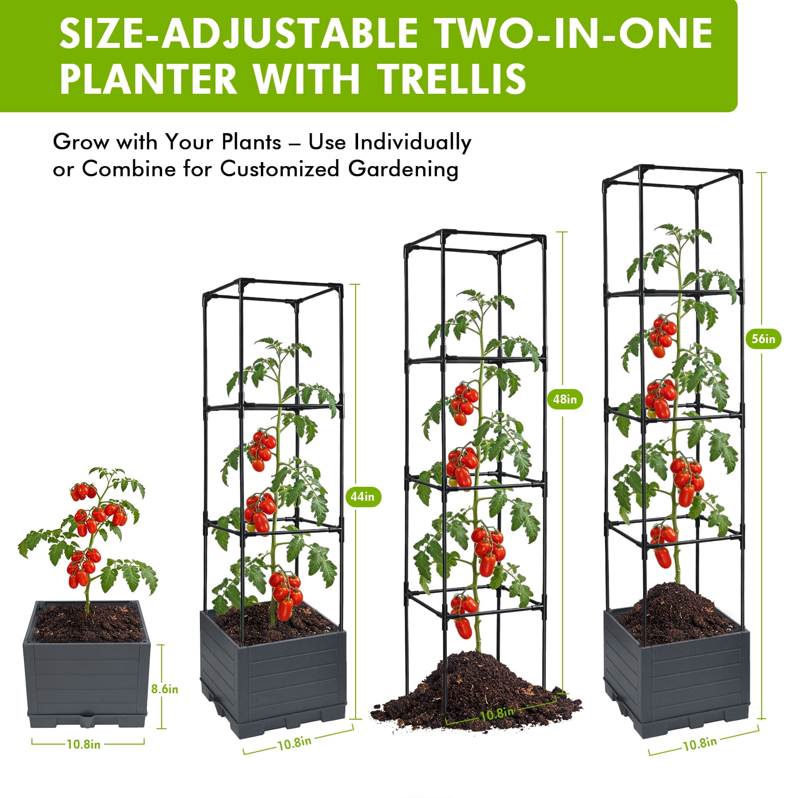 ROMUCHE 56” Tomato Planter with Trellis, Raised Garden Bed Planter Box with Trellis, Square Self Watering Tomato Cage for Climbing Plants Vegetables Vine Flowers Outdoor & Indoor