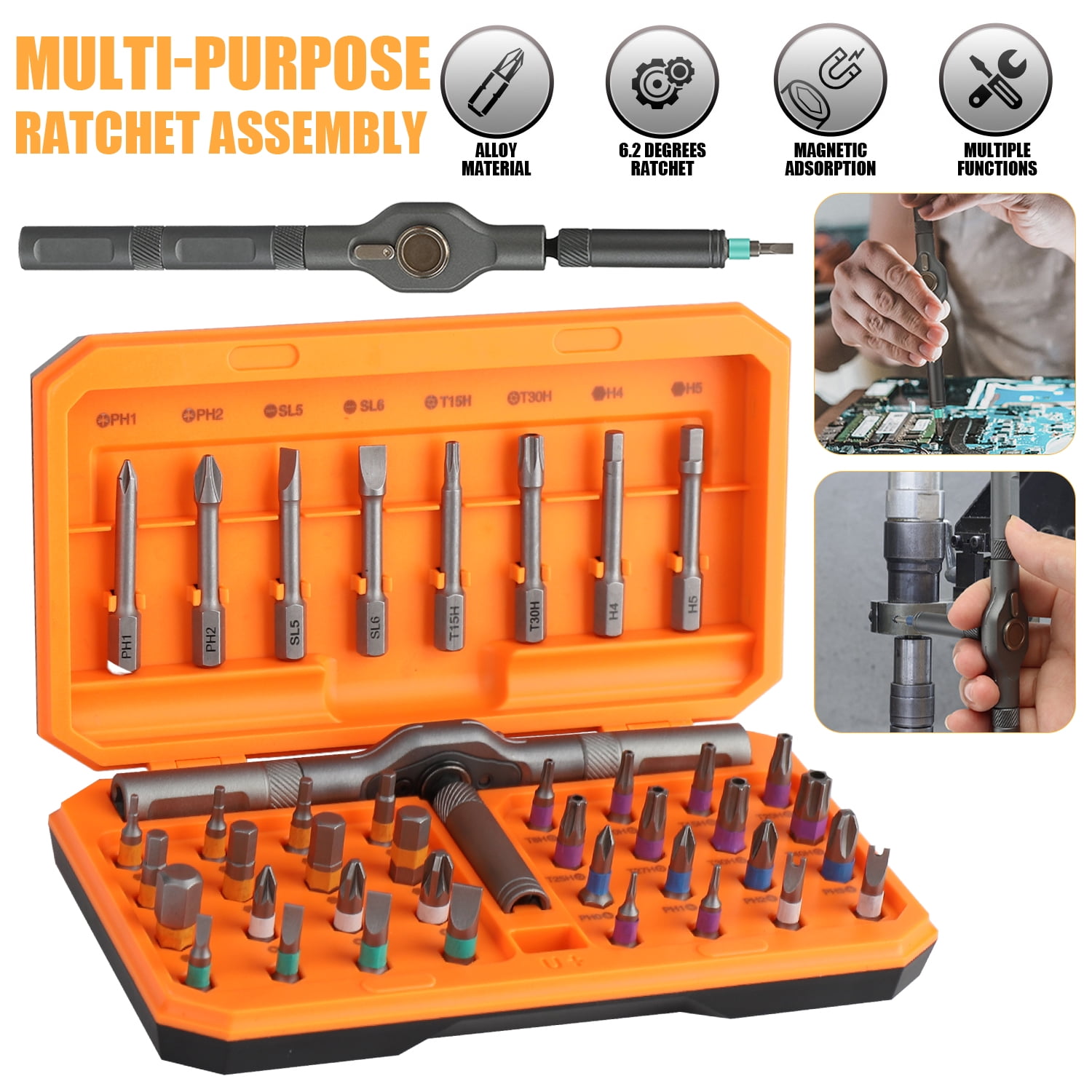 Audessy 42 in 1 Magnetic Screwdriver, Multi Bit Ratcheting Screwdriver Set with Storage Case Repair Tool Kit for Computer, Eyeglass, Bicycles, Watch, Ring Doorbell, Furniture and DIY, Orange