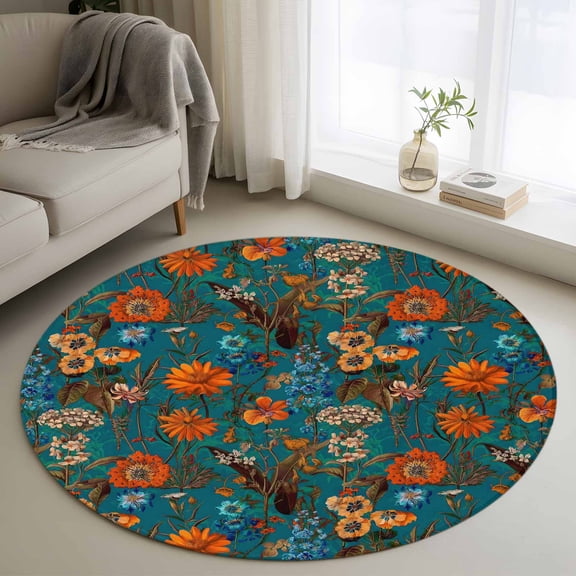 Round Rugs 4Ft, Orange Green Spring Floral Round Area Rug Washable Indoor Throw Carpet, Vintage Botanical Summer Flower Soft Non Slip Circle Rug for Kitchen Nursery Room Home Decor Aesthetic