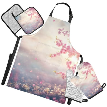 Ryvnso Peach Floral Sunset Kitchen Apron Oven Mitts Set Pot Holders