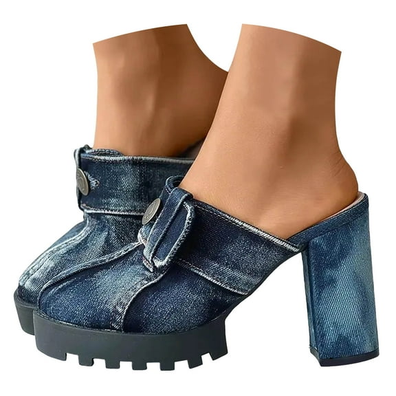 Mostsola Heels for Women Trendy Denim Closed Toe Dress Shoes Lug Sole Platform Slip on Shoes