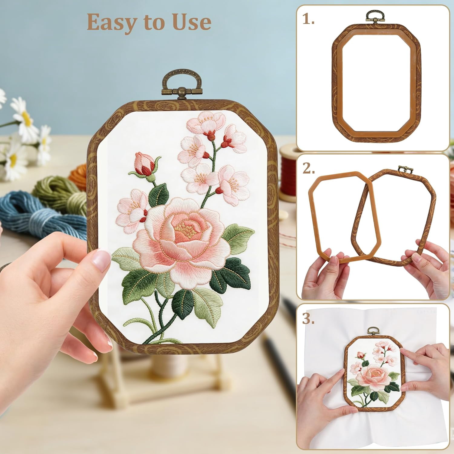 ABPETE Resin Decorative Embroidery Hoop - 3 Pieces 6*4.5 inch Cross Stitch Hoops Set, Resin Embroidery Frame for Display Sewing Craft Hanging Ornament
