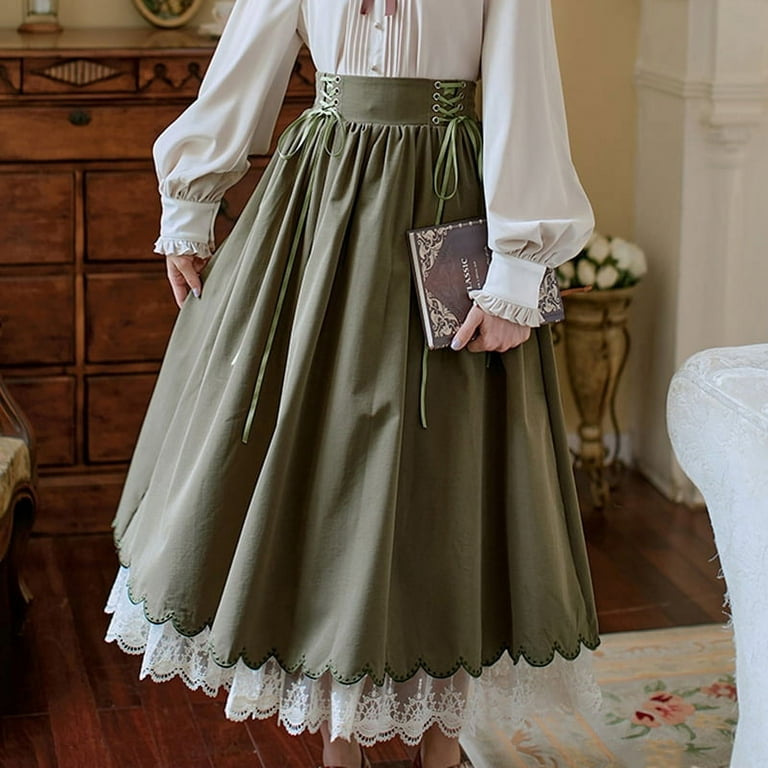 Vintage Long Skirt Women Summer High Waisted Lace Up Pleated Vintage Long Skirt Women Summer High Waisted Lace Up Pleated