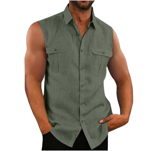 cllios Men's Retro Sleeveless Button Down Shirts Lapel Front Pockets Summer Workout Casual Solid Cotton Linen Tank Tops