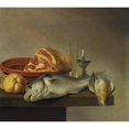 thumbnail image 2 of Harmen Steenwyck 13x12 Black Ornate Wood Framed Double Matted Museum Art Print Titled: Still Life with a Ham, a Fish, a Candle and Other Objects Arranged on the Edge of a Tabletop, 2 of 5