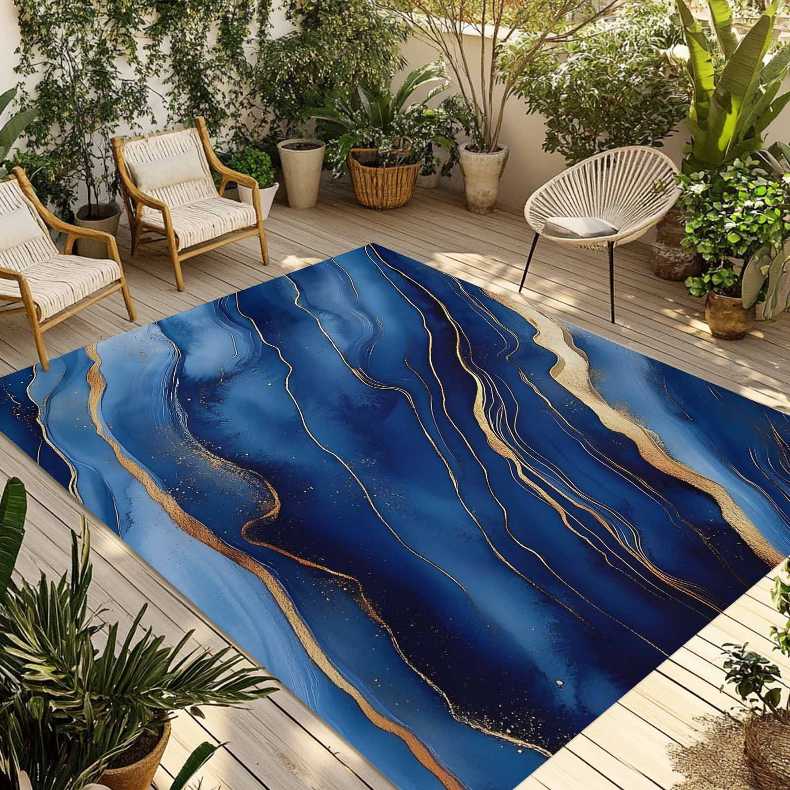 Outdoor Rug 5x8ft Ombre Blue Marble Large Area Rug Abstract Art Indoor Outdoor Carpet Outdoor Rugs Mats for Patio Camping,RV,Front Door, Outside Decor