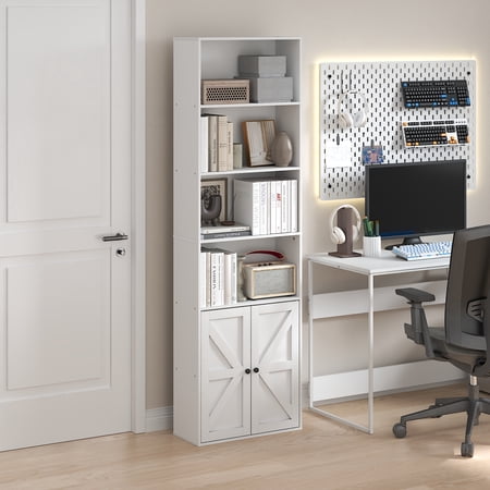 Furinno Jensen Farmhouse 6-Shelf Display Bookcase Bookshelf with Doors White