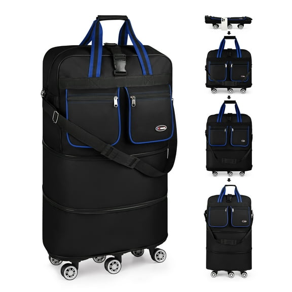 40" Expandable Foldable Luggage Bag,Collapsible Suitcases with Wheels,Lightweight Rolling Duffle Bag for Travel, Moving, Home Storage, Blue/Trim, MEX