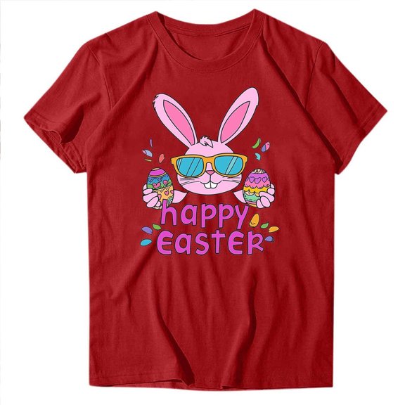 successthop Egg Shirts for Adults Womens Bunny Happy Easter Holiday T Shirt Crewneck Tops Summer Vacation Clothes Red 2XL
